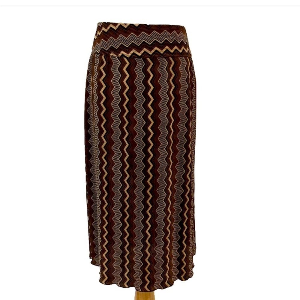 Madison Michelle Chocolate Brown Plissé ZigZag Skirt Brown Tan Crinkled Straight